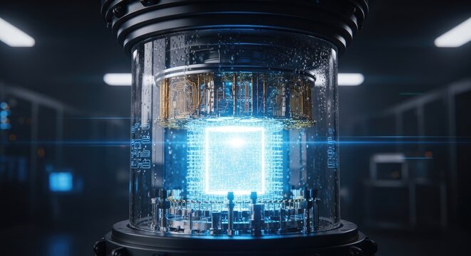 Futuristic Quantum Processor with Glowing Blue Core in Server Room.