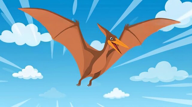 Pterosaur gliding and flapping wings across bright daytime sky with scattered clouds over open air. gentle pan and tilt follow playful prehistoric creature as it soars and banks