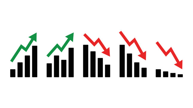 Bar charts with green upward arrow then red downward arrows, symbolizing growth followed by decline, economic trend visualization, performance analysis.