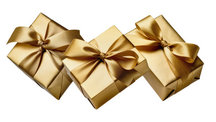 Obraz premium Three golden gift boxes with satin ribbons