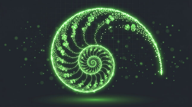 Bioluminescent spiral shell pattern glowing organic fractal design with cosmic starry background