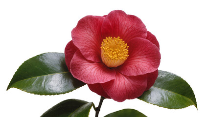 Red Camellia flower with yellow stamen and green leaves © Luca