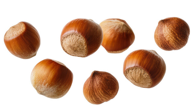 Seven whole hazelnuts with brown shells scattered