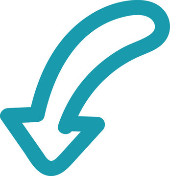 A hand-drawn teal arrow icon with a curved tail pointing downwards towards the left side