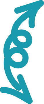 Teal hand-drawn double-headed arrow icon with curly loops isolated on a black background for design.