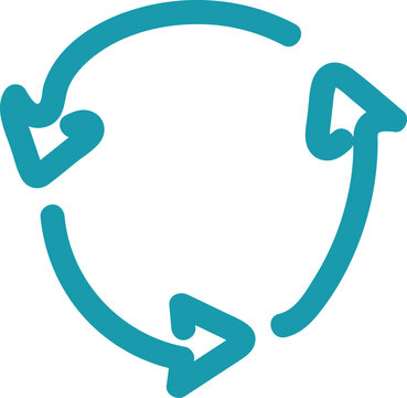 Minimalist teal recycling icon with three circular arrows symbolizing sustainability, process flow, and continuous movement.