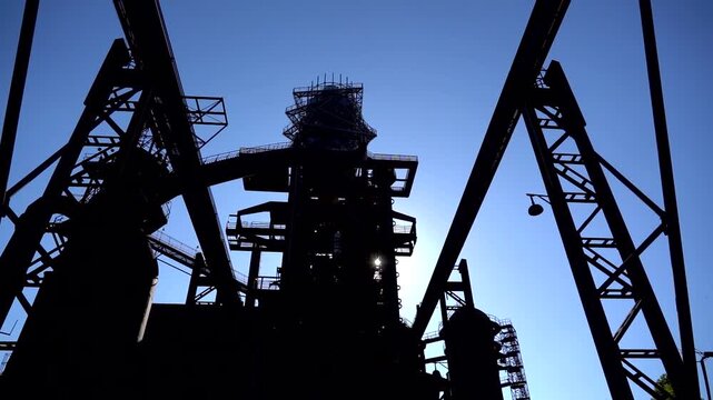 Dolni Vitkovice industrial complex in Ostrava, Moravia, Czech Republic, historic steelworks architecture and massive industrial structures in transformation, real-time footage