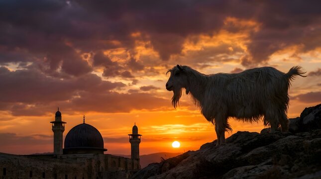 Goat standing on a rocky hill overlooking a mosque during sunset