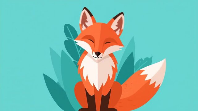 Slow zoom tracking shot of illustrated red fox sitting and tilting head among stylized teal leaves on flat background. playful daytime scene showing subtle character movement and simple vector design.