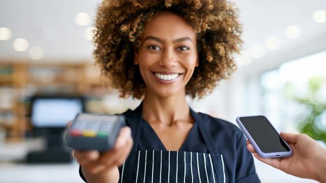 Tracking shot of woman cashier smiling while accepting contactless mobile payment at cafe counter indoors during daytime
