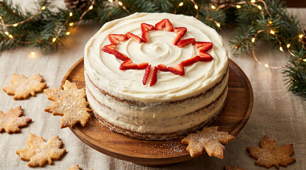 Fototapeta premium Delicious homemade cake decorated with red maple leaf design