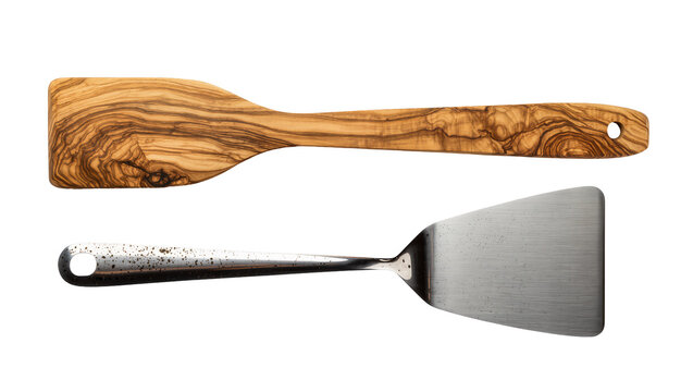 Wooden olive wood spatula and metal flipper kitchen utensils