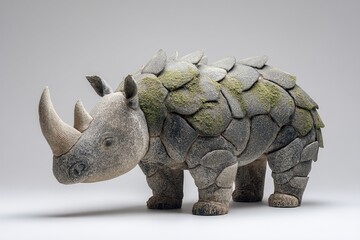Fototapeta premium Stylized rhinoceros sculpture with layered stone like armor texture