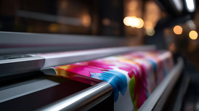 Vibrant floral pattern emerge from a wide format printer, showcasing modern print technology and colorful design on large scale media in a professional setup