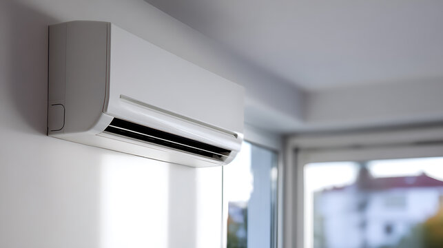 Modern white climate control unit mounted on a bright wall, providing comfortable indoor temperature and fresh air, with natural daylight from a window