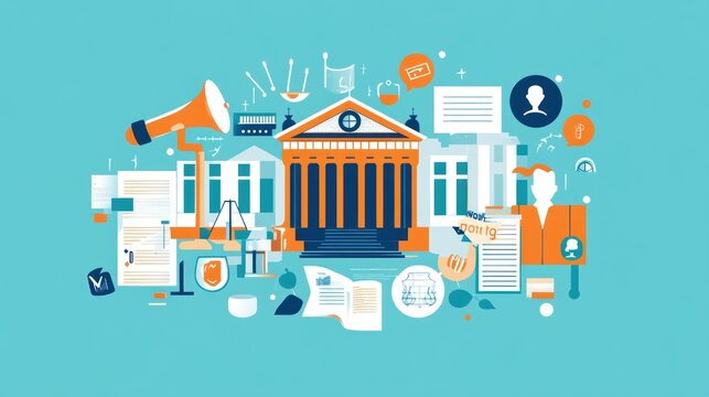 Flat illustration of symbolic government and legal icons against a teal background