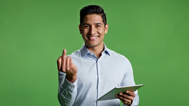 Man holding tablet gesturing come here with hand on green screen businessman digital