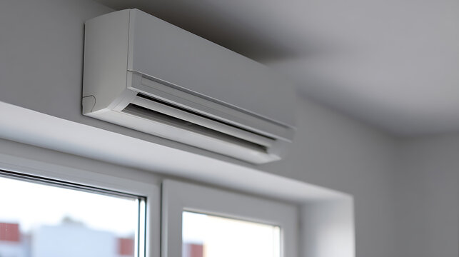 Modern white split system mounted on a light gray wall above a white window frame, providing cool air for comfortable indoor living space