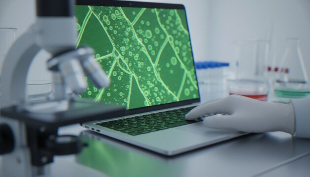 A scientist in a laboratory uses a laptop to analyze cellular structures or plant cells displayed on the screen with a microscope nearby.