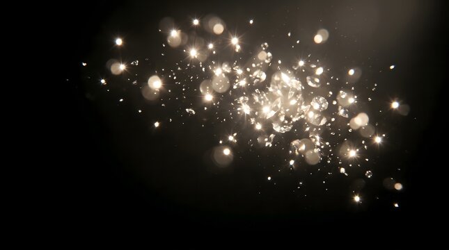 Sparkling lights explode in a dark space with glowing orbs and particles floating freely