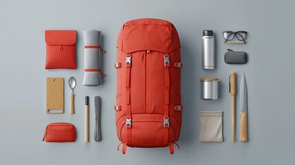 Fototapeta premium trip preparation and organization. organized travel gear. Red backpack surrounded by camping gear, utensils, and accessories on a gray background