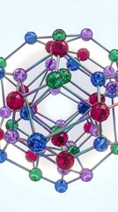 Obraz premium Colorful molecular structure with translucent spheres in blue, green, purple, and magenta connected by metallic rods on white background. Suitable for science, chemistry, and educational materials.