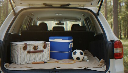 A car trunk filled with gear for an outdoor picnic and sporting activities, including a picnic basket, a blue cooler, a soccer ball, and badminton rackets, set in a forest environment.