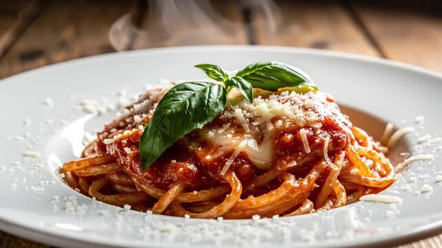 Delicious plate of spaghetti pasta with tomato bolognese sauce, grated parmesan cheese, and basil.