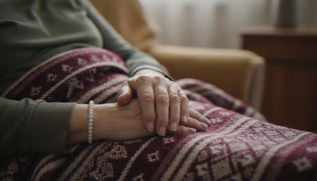 Close-up of an elderly person's hands resting peacefully on their lap, covered by a warm, patterned wool blanket, conveying comfort, aging, and care.