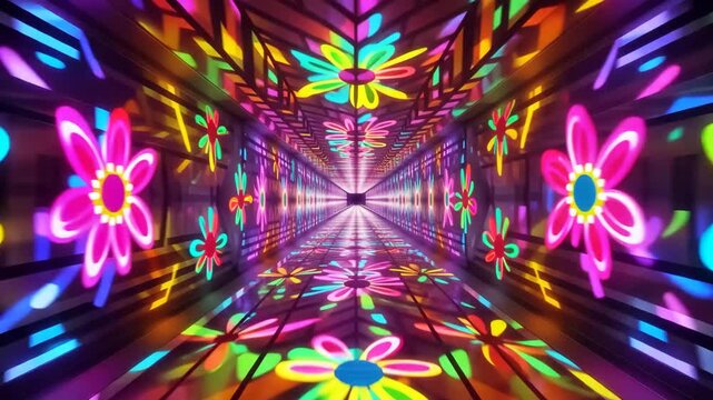 Vibrant Neon Flower Tunnel Retro Futuristic VJ Loop