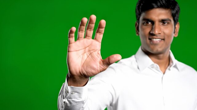 Man interacting with virtual touchscreen interface on green screen businessman interaction