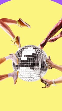 Dancing legs around disco ball on yellow background fashion party animation. Concept of club poster, dance event promo, nightlife banner, fashion editorial and youth celebration.