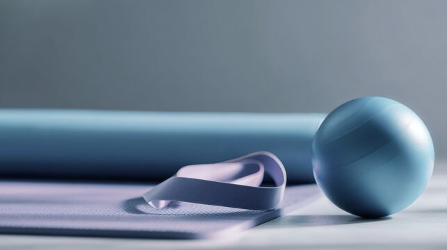 school sports and activity. Blue exercise ball, yoga mat, and resistance band arranged on a light surface with a soft gradient background
