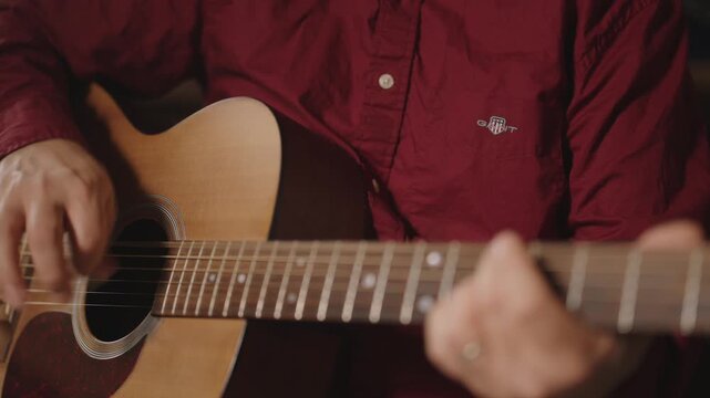  Close-Up on Acoustic Guitar Body and Strumming Hand &mdash; Mid-Shot