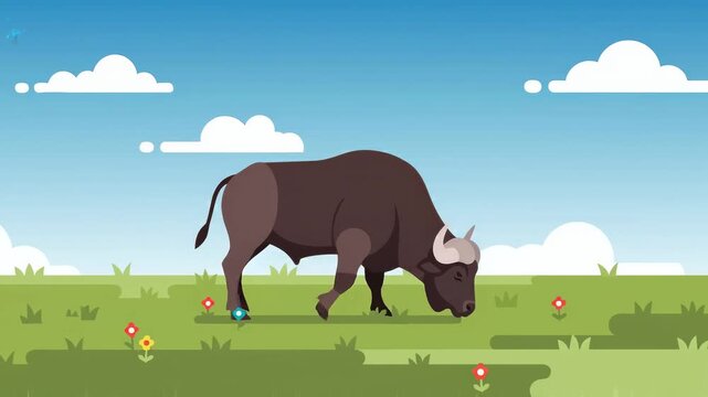 Buffalo grazing and walking across green meadow in open countryside during sunny daytime. static mid framing highlights feeding movement and calm pastoral concept in flat vector cartoon style