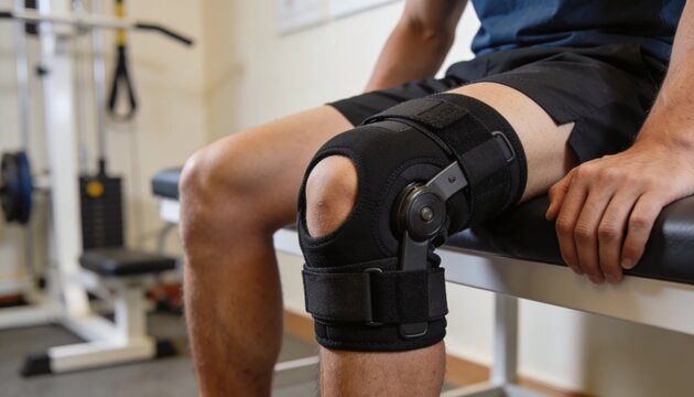 Man wearing a black adjustable knee brace with straps and hinges on his right leg, sitting on a bench in a rehabilitation gym with weights and exercise equipment in the soft-focus background