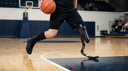Naklejka premium Adaptive basketball drive with prosthetic leg on indoor court