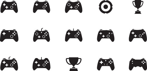 Solid gaming controller and e-sports trophy symbols set. Digital entertainment icons, video game hardware and competition achievement elements. © LUBNA