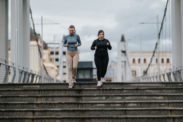 Two women run down a set of city stairs doing an outdoor fitness workout. The pair jog side by side on a bridge in an urban exercise scene © qunica.com