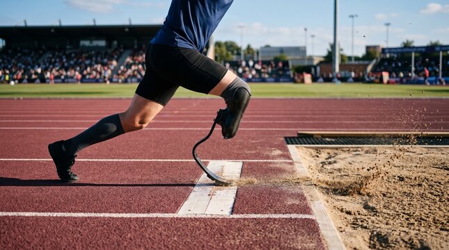 Adaptive long jump takeoff with prosthetic limb on runway board