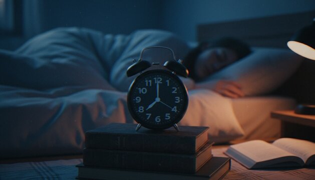 A close-up shot of an alarm clock set to 8 o'clock resting on a stack of books, with a person sleeping soundly in a dark, cozy bedroom in the background.