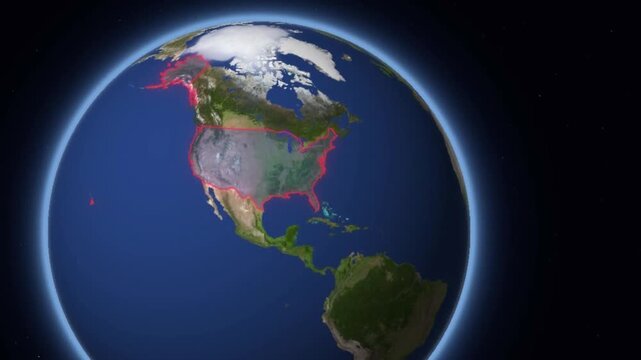 Animated globe zooming to highlight USA with national flag and country data infographic