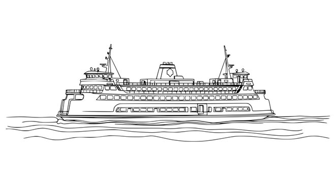 Sketch of a large ferry boat sailing on wavy water, illustration