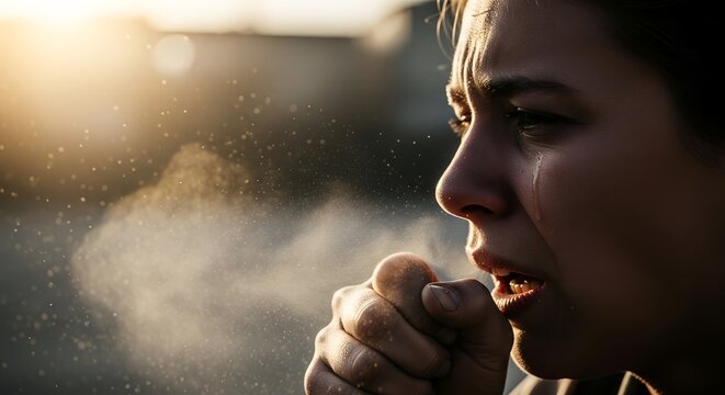 Young woman coughing with visible respiratory droplets and dust in golden light, showing a tear from illness or air pollution effects.