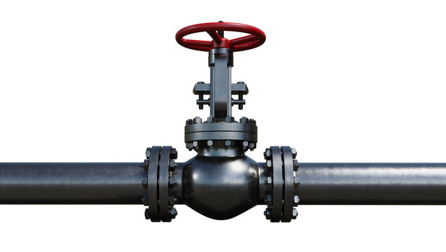 Industrial pipeline valve with red handwheel and metal pipe