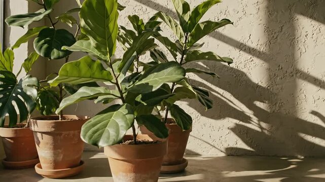 Fiddle leaf fig and monstera plants in terracotta pots on a concrete floor with bright afternoon sunlight casting deep shadows on a textured wall