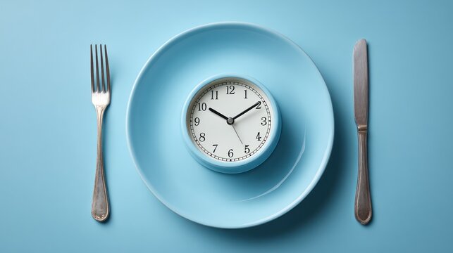 Clock on plate with fork and knife.
