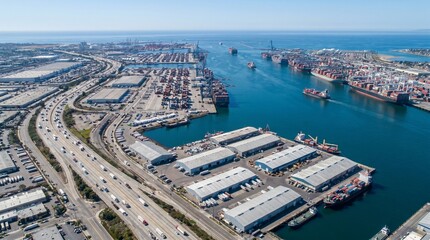 Obraz premium Massive global trade gateway featuring cargo ports, container ships, interconnected highways, industrial facilities and waterfront warehouses, realistic drone perspective, clear sky, photorealistic 