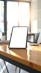 Naklejka premium Blank Tablet Standing on Wooden Desk in Sunlit Modern Office