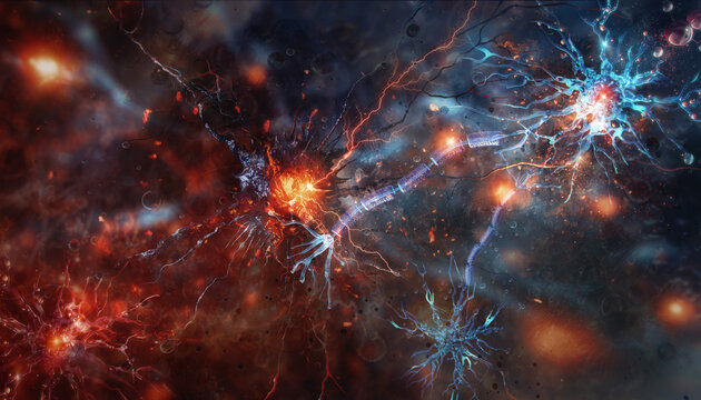 Neural activity showing damaged and active neurons with synaptic connections, electrical impulses, and inflammatory processes in the brain. Thinking process, cognition, intelligence, mental health 3D